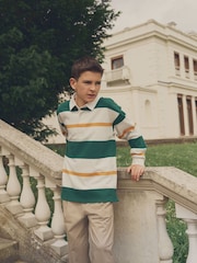 Green/Ecru White Stripe Long Sleeve Rugby 100% Cotton Polo Shirt (3-16yrs) - Image 4 of 8