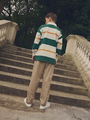 Green/Ecru White Stripe Long Sleeve Rugby 100% Cotton Polo Shirt (3-16yrs) - Image 5 of 8