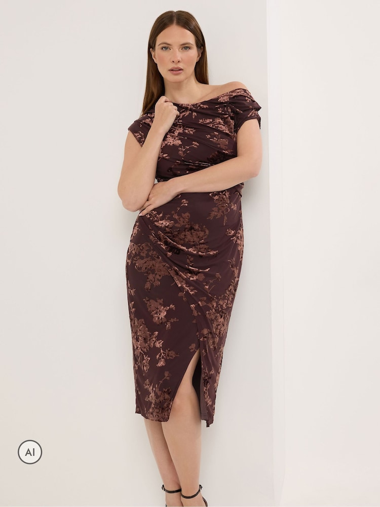 Star by Julien MacDonald Brown Devore Velvet Draped Dress - Image 1 of 6 Star by Julien MacDonald Brown Devore Velvet Draped Dress - Image 1 of 6