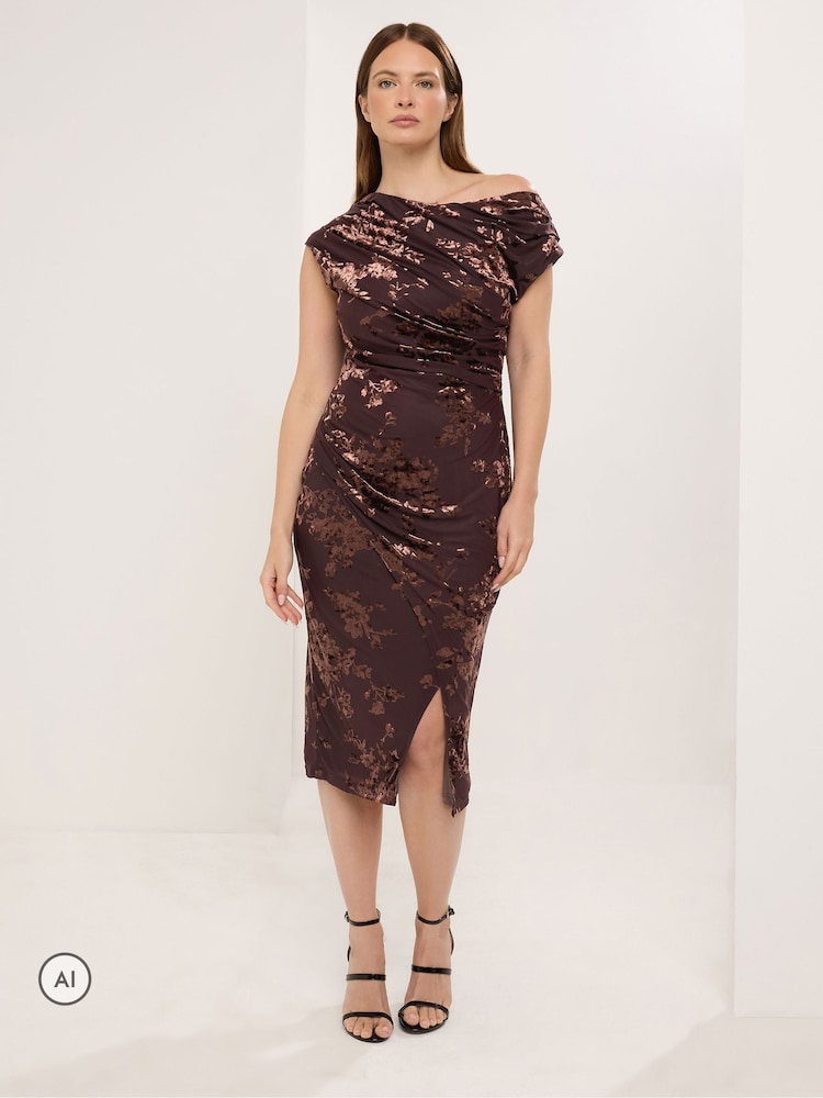 Star by Julien MacDonald Brown Devore Velvet Draped Dress - Image 2 of 6 Star by Julien MacDonald Brown Devore Velvet Draped Dress - Image 2 of 6