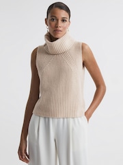 Reiss Neutral Kasha Wool-Cashmere Sleeveless Removable Roll Neck Vest - Image 1 of 7