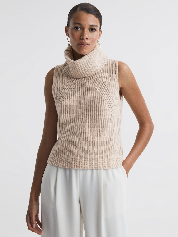 Reiss Neutral Kasha Wool-Cashmere Sleeveless Removable Roll Neck Vest - Image 1 of 7