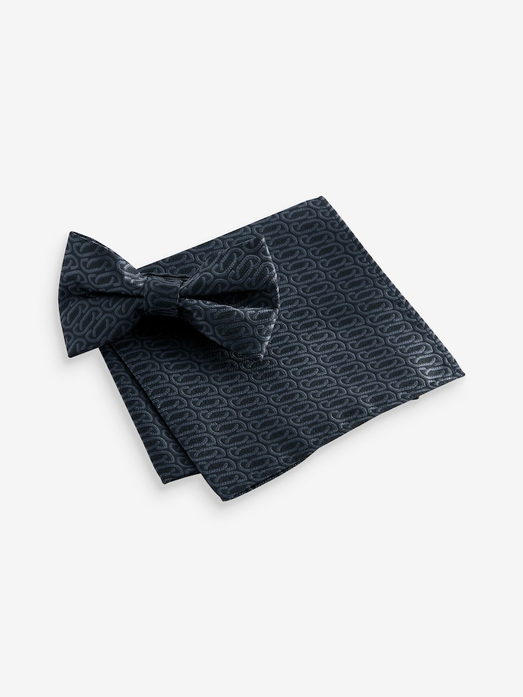 Charcoal Grey Link Jacquard Bow Tie And Pocket Square Set - Image 1 of 6