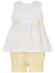 Monsoon – Baby-Set mit gelbem Top mit Lochstickerei und Shorts mit Vichy-Karos - Bild 1 von 1