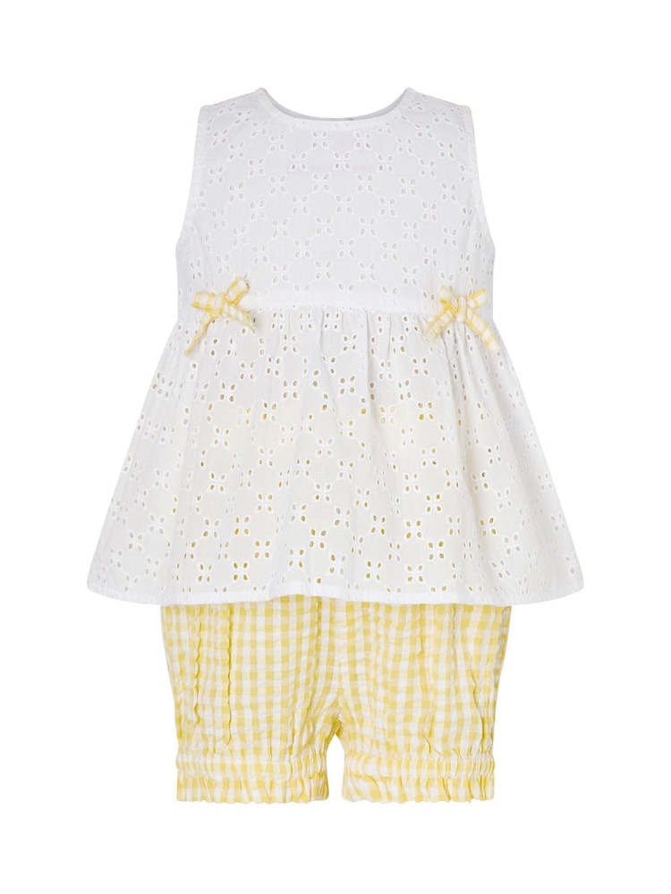 Monsoon Yellow Baby Broderie Top and Gingham Shorts Set - Image 1 of 1 Monsoon Yellow Baby Broderie Top and Gingham Shorts Set - Image 1 of 1