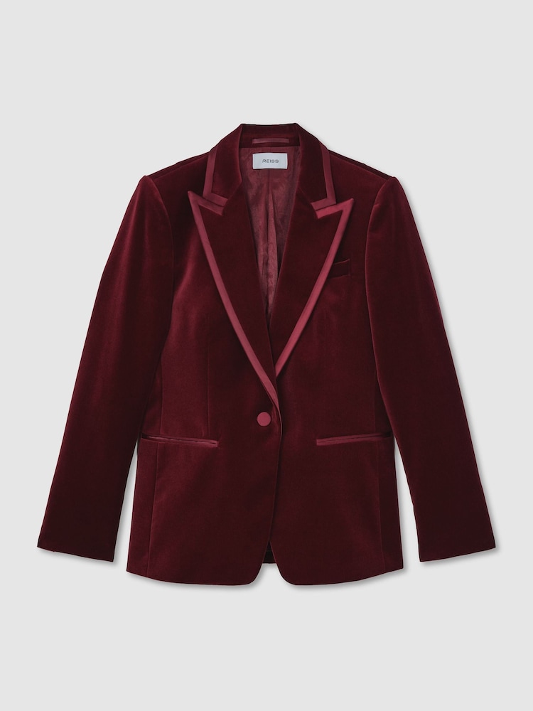 Reiss Dark Red Wren Velvet Satin-Trim Single-Breasted Suit Blazer - Image 2 of 9 Reiss Dark Red Wren Velvet Satin-Trim Single-Breasted Suit Blazer - Image 2 of 9