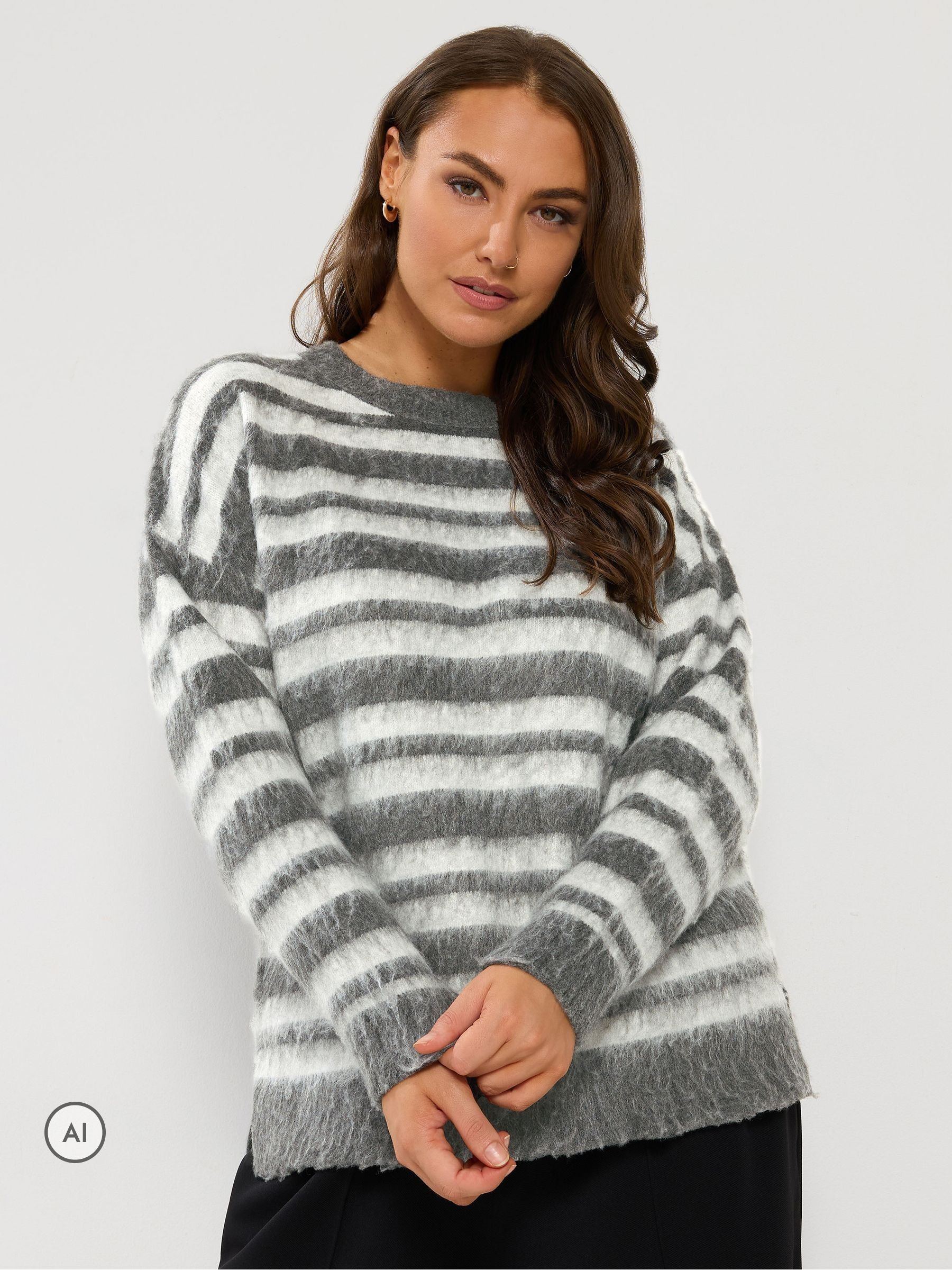 Yours Women's Grey Brushed Striped Knitted Jumper In Size 30-32 - Image 2