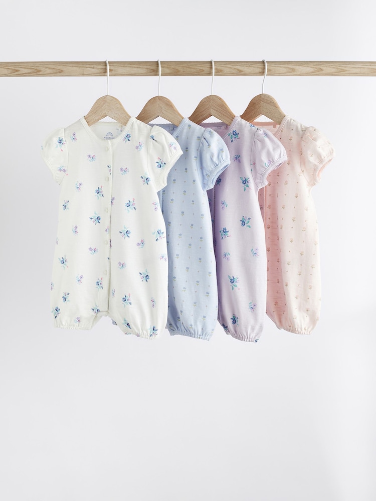 Pink/ Blue Floral Baby 100% Cotton Rompers 4 Pack - Image 1 of 11