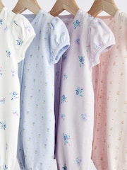 Pink/ Blue Floral Baby 100% Cotton Rompers 4 Pack - Image 7 of 11