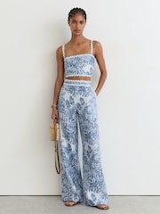 Reiss Blue Mila Linen Wave-Trim Wide-Leg Trousers - Image 1 of 7