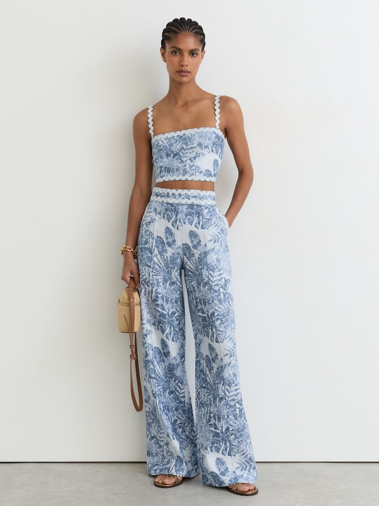 Reiss Blue Mila Linen Wave-Trim Wide-Leg Trousers - Image 1 of 7 Reiss Blue Mila Linen Wave-Trim Wide-Leg Trousers - Image 1 of 7
