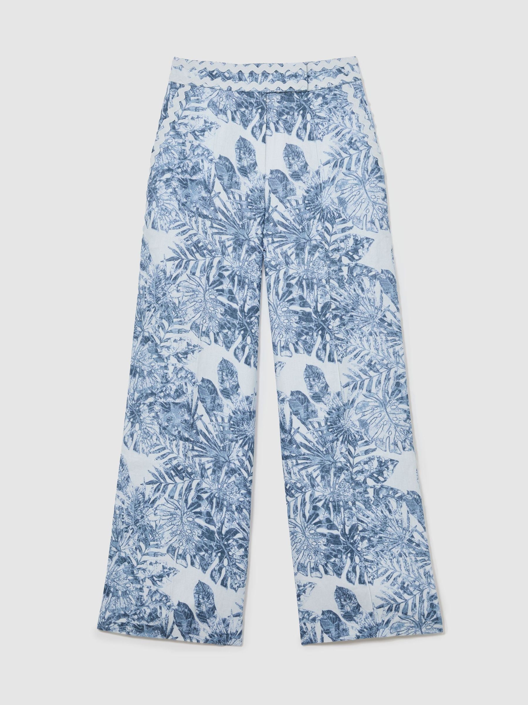 Buy Reiss Blue Mila Linen Wave-Trim Wide-Leg Trousers from Next USA