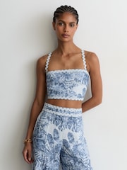 Reiss Blue Mila Linen Wave-Trim Wide-Leg Trousers - Image 3 of 7