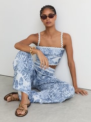Reiss Blue Mila Linen Wave-Trim Wide-Leg Trousers - Image 5 of 7