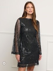 Star by Julien MacDonald Black Tassel Sequin Tunic Dress - Image 1 of 6