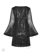 Star by Julien MacDonald Black Tassel Sequin Tunic Dress - Image 6 of 6