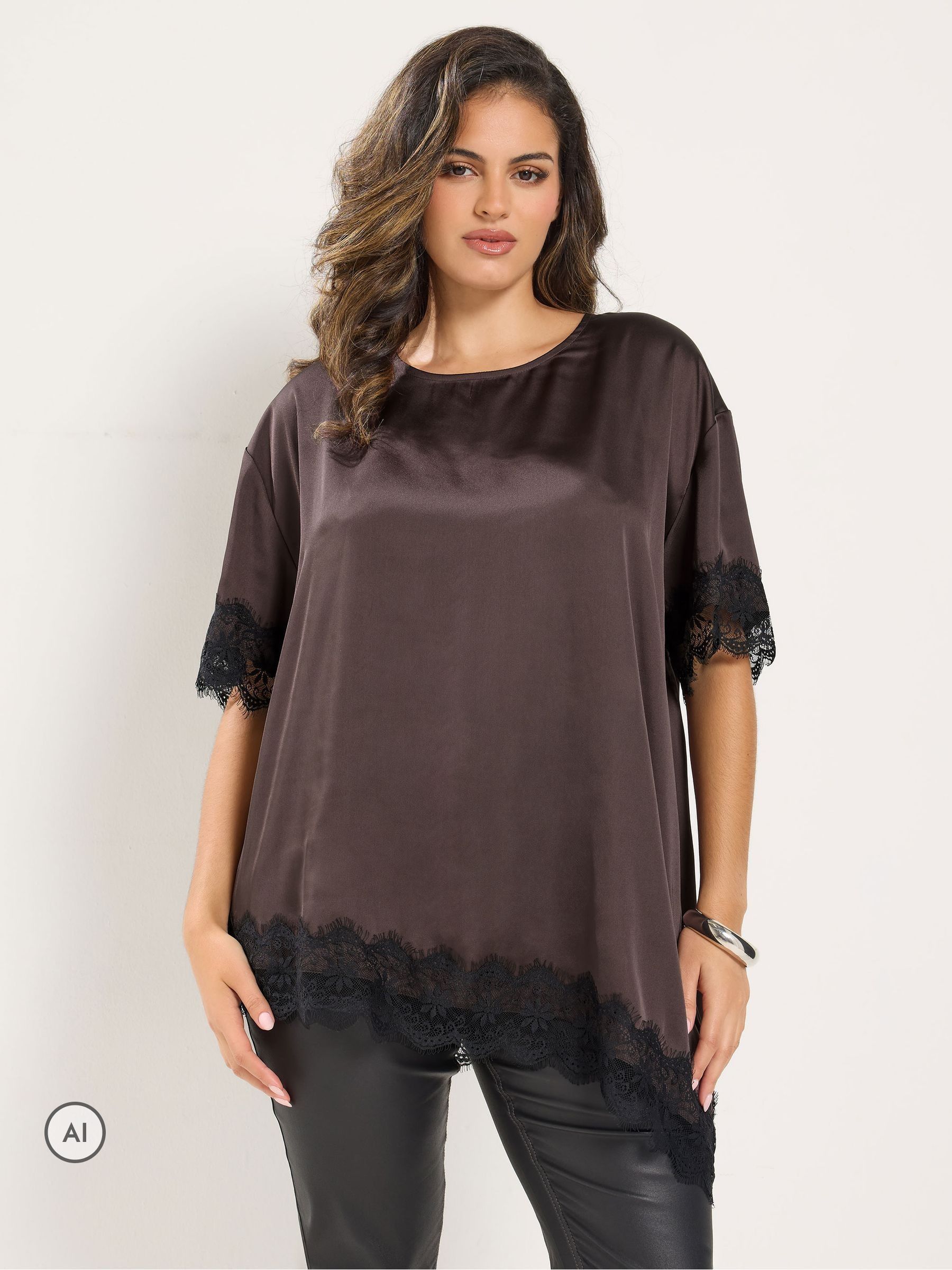 Yours Women's Chocolate Asymmetric Lace Hem Top In | : 30/32 - Image 6
