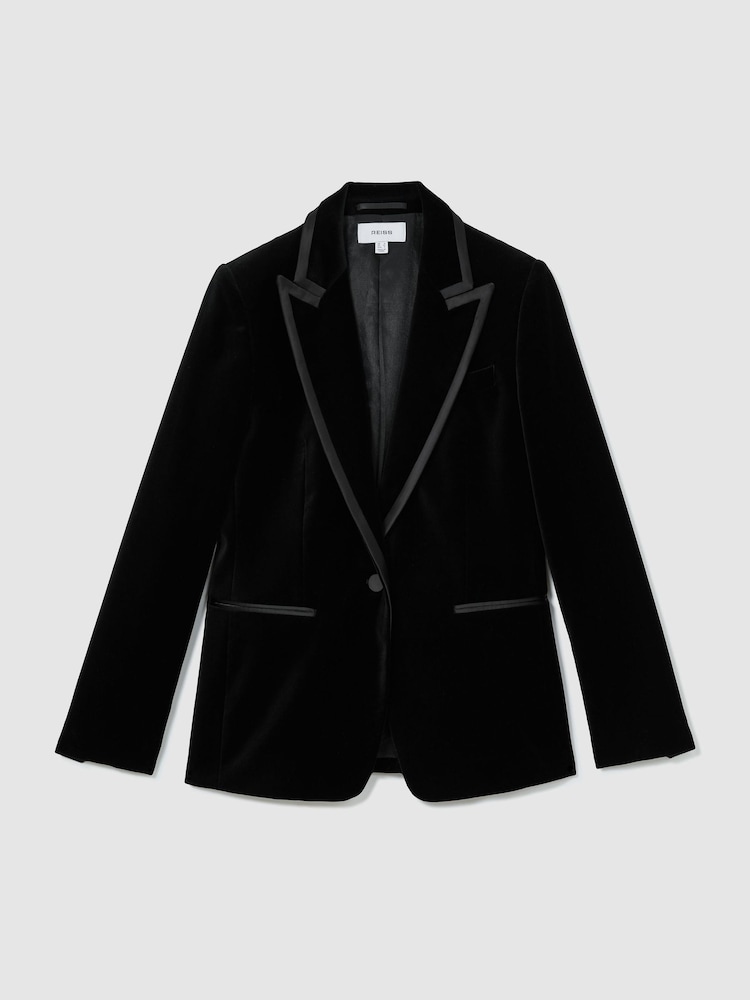 Reiss Black Wren Velvet Satin-Trim Single-Breasted Suit Blazer - Image 2 of 9 Reiss Black Wren Velvet Satin-Trim Single-Breasted Suit Blazer - Image 2 of 9