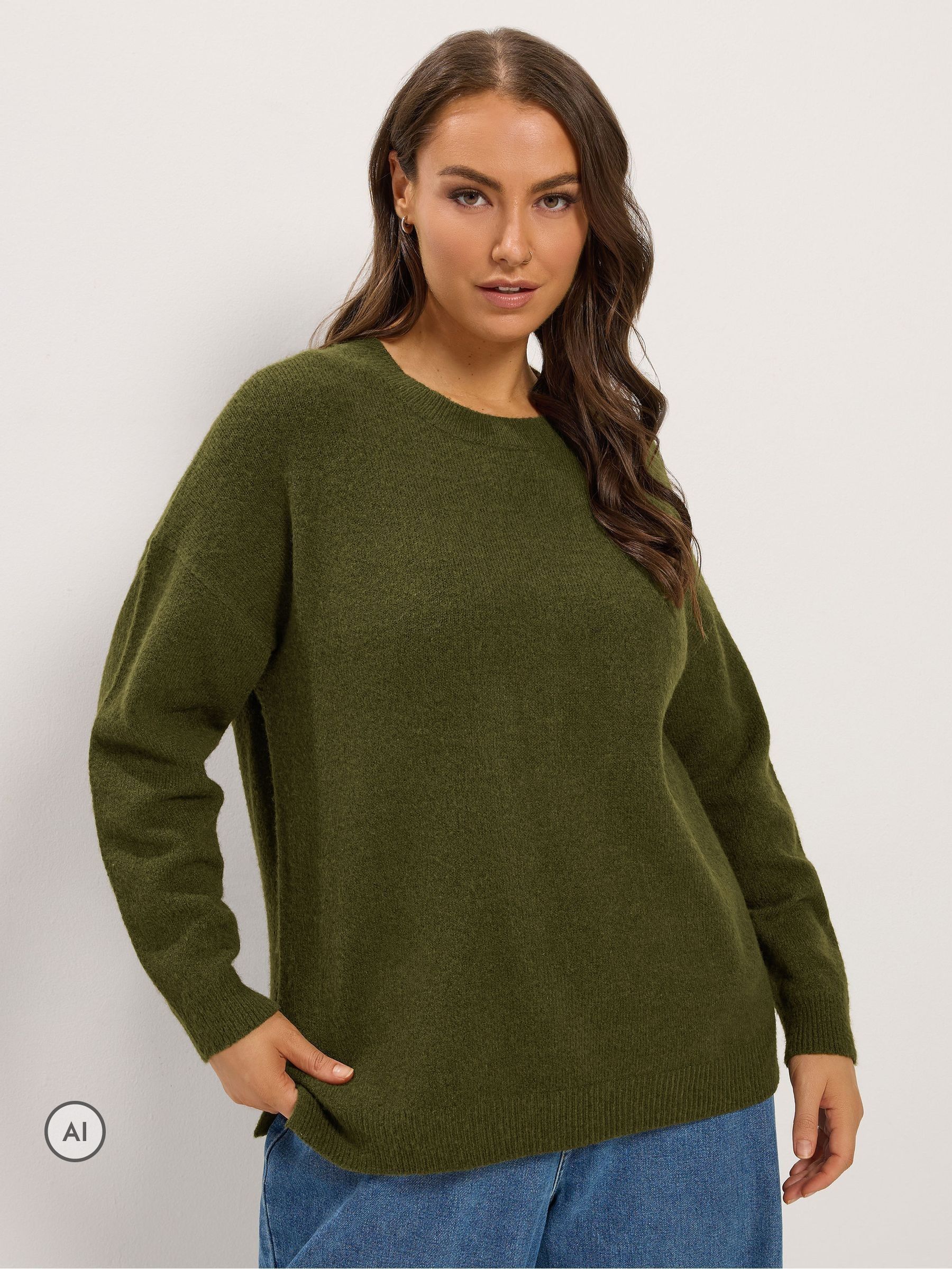 Yours Curve Women's Dark Green Crew Neck Soft Touch Jumper - Image 1
