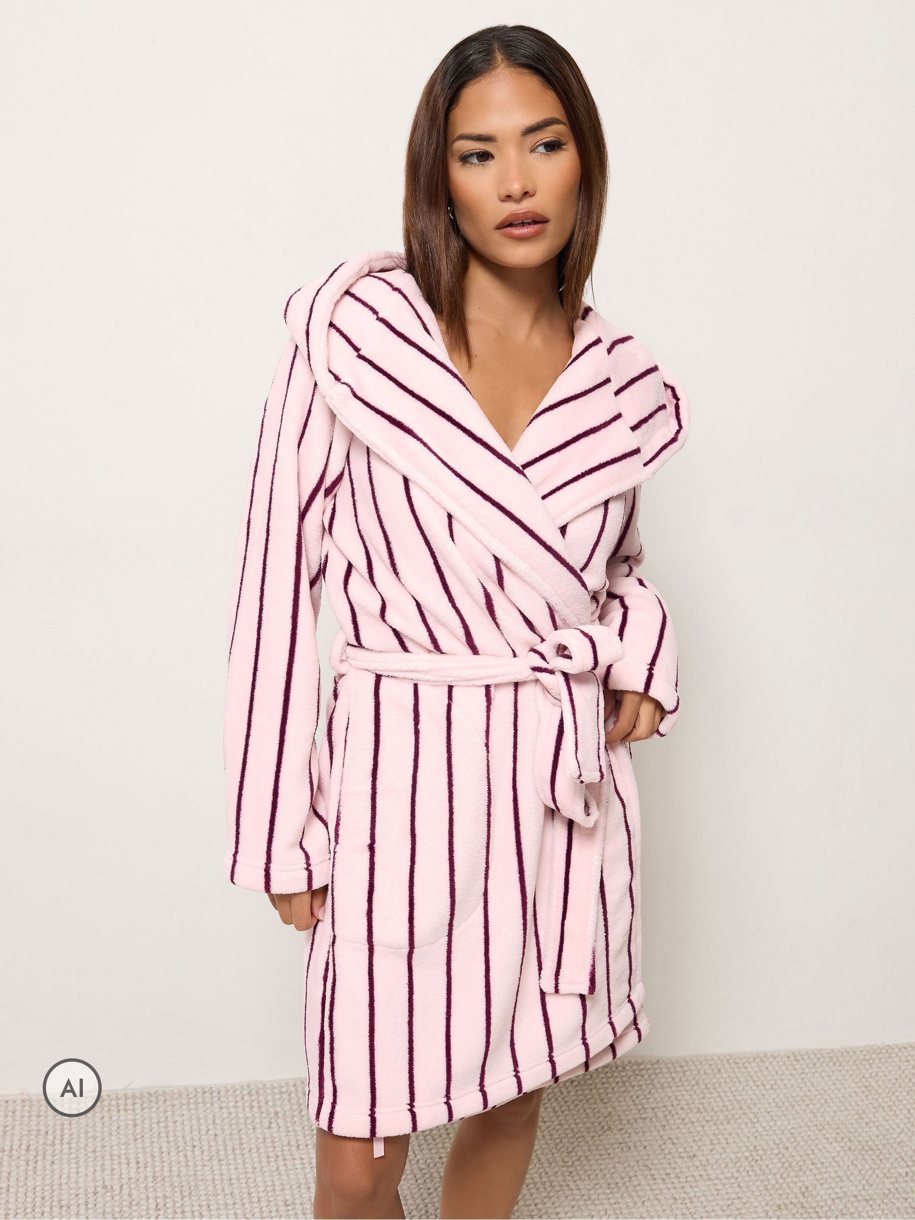 Pixiegirl Petite Women's Pink Pinstripe Hooded Robe - Image 7