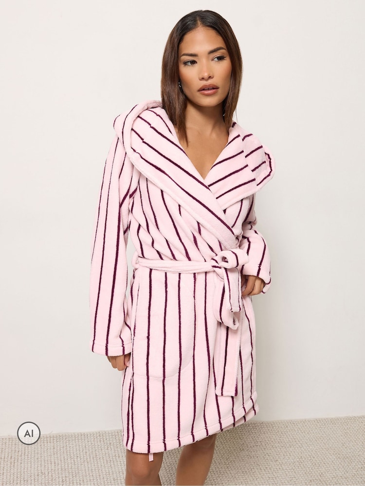 PixieGirl Petite Pink Pinstripe Hooded Robe - Image 1 of 6