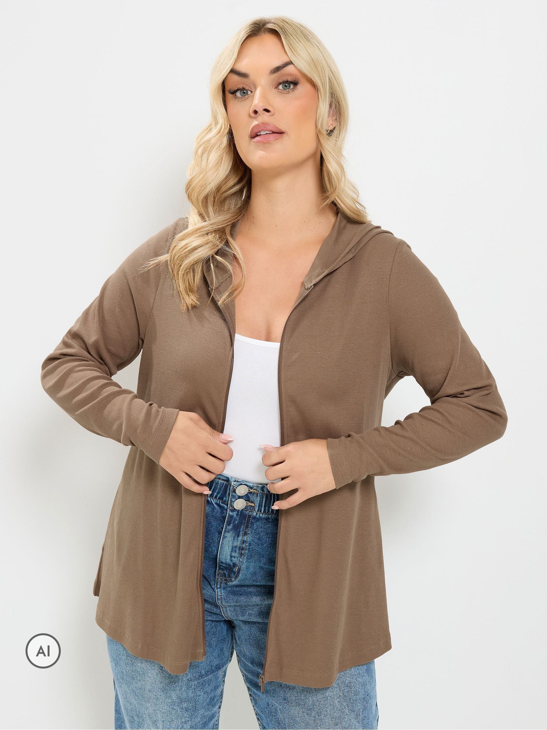 Yours Curve Women's Brown Ribbed Hoodie - Image 1