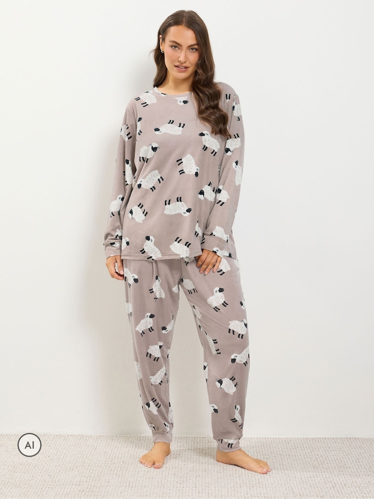 Yours Curve Nude Fleece Pyjama Set - Image 1 of 8 Yours Curve Nude Fleece Pyjama Set - Image 1 of 8
