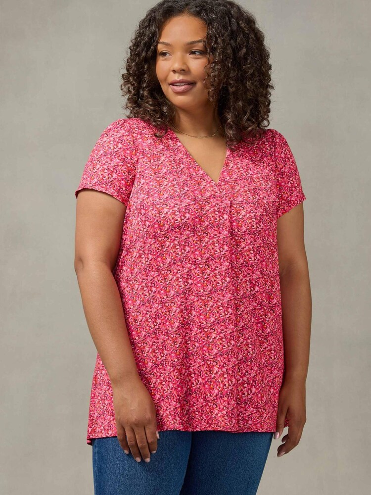 Live Unlimited Curve - Pink Ditsy Print Pleat Front V-neck Top - Image 1 of 4