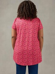 Live Unlimited Curve - Pink Ditsy Print Pleat Front V-neck Top - Image 2 of 4
