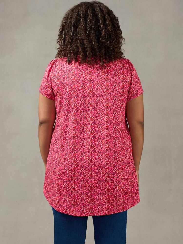 Live Unlimited Curve - Pink Ditsy Print Pleat Front V-neck Top - Image 2 of 4