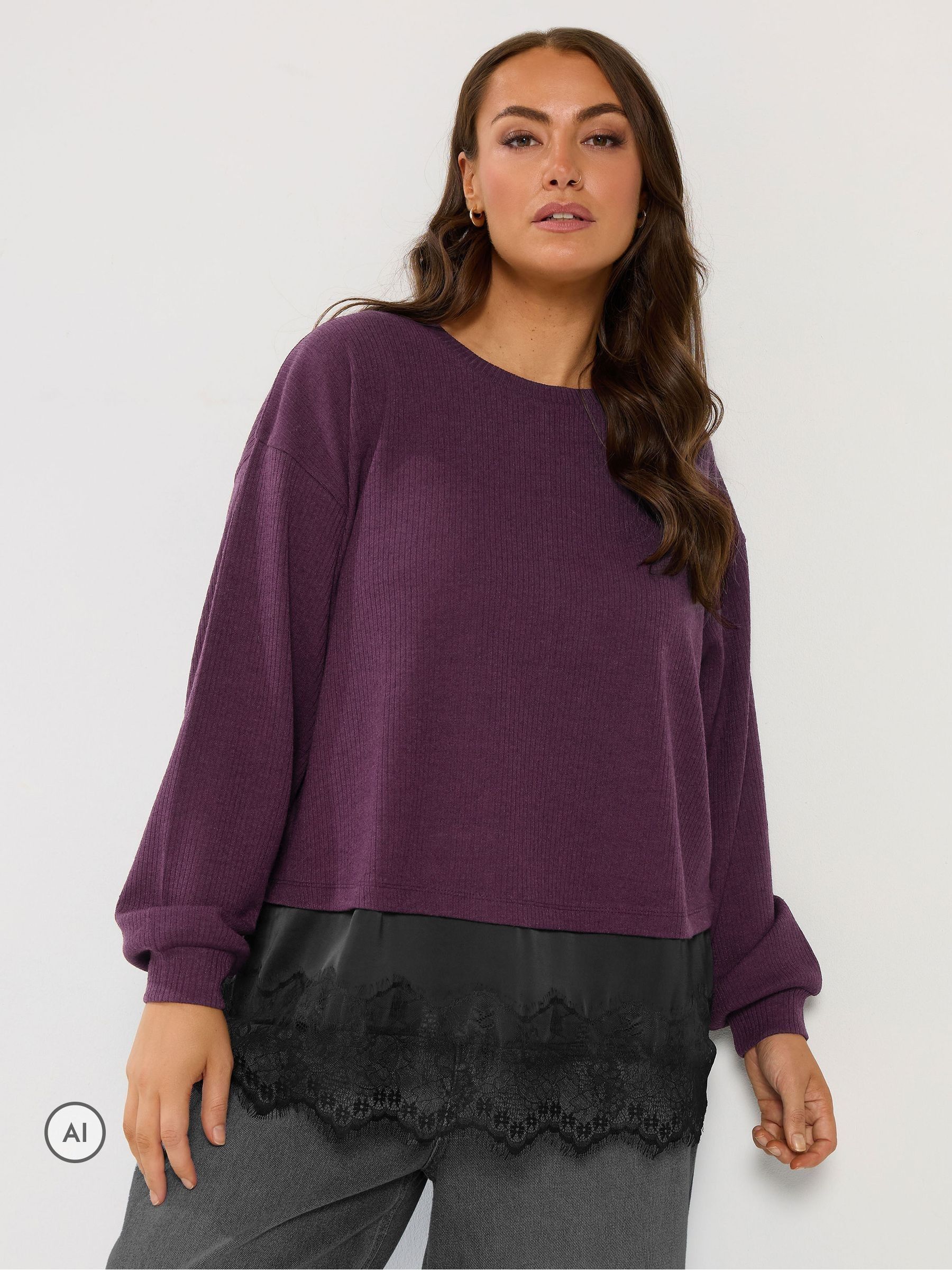 Yours Women's Plum Long Sleeve Lace Hem Top In | Size: 34/36 - Image 2