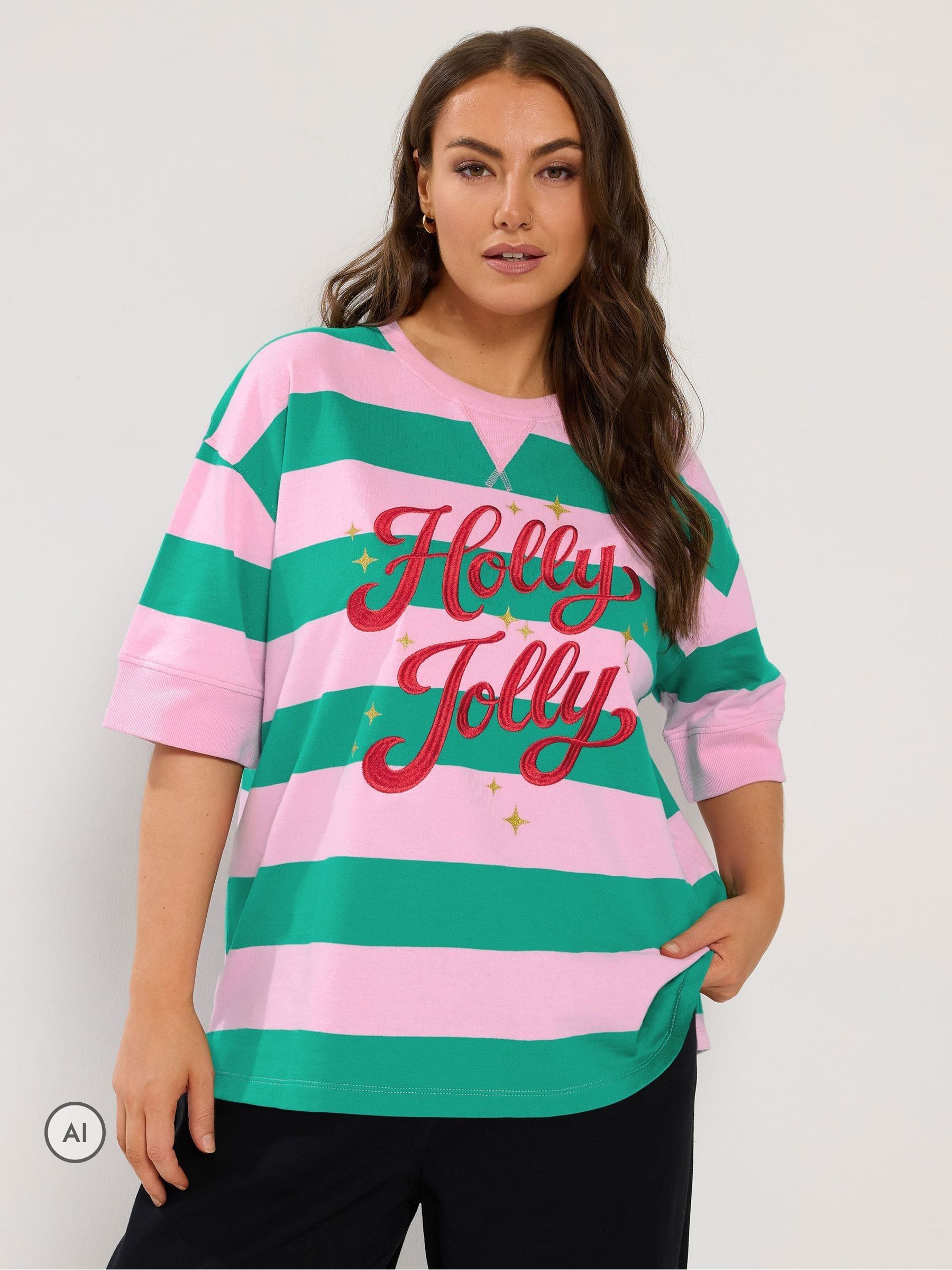 Yours Women's 'Holly Jolly' Stripe Heavyweight T-Shirt in Pink | Size: 26-28 - Image 6