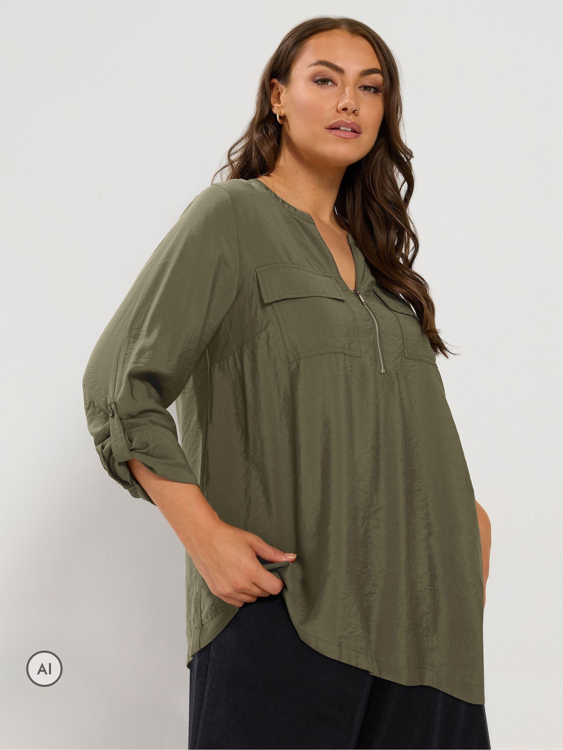 Yours Women's Zip Detail Blouse in Green | Size: 30-32 - Image 2