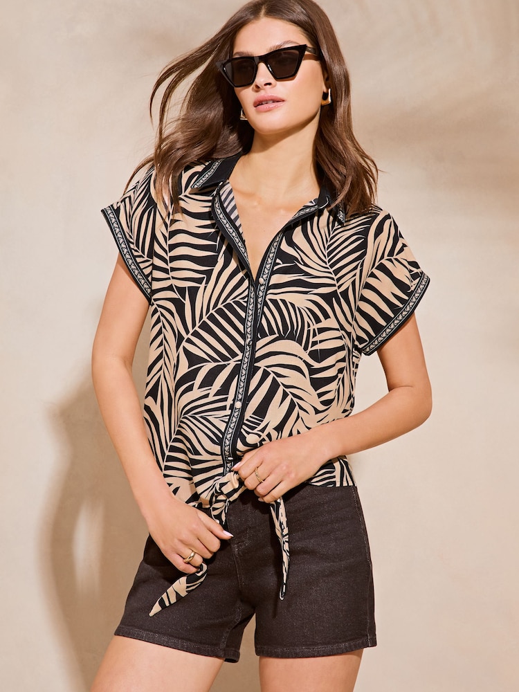Lipsy Black Short Sleeve Tie Front Shirt - Image 1 of 4 Lipsy Black Short Sleeve Tie Front Shirt - Image 1 of 4