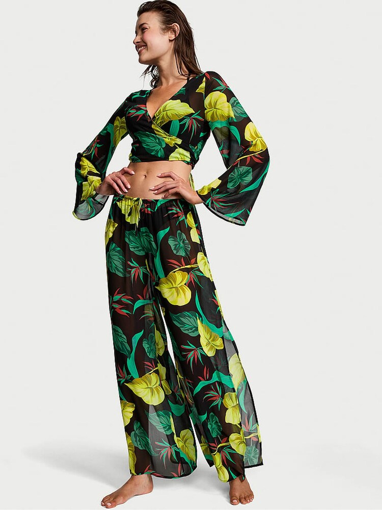 Victoria's Secret Vintage Leaves Black Sheer Crinkle Cover Up Wrap Top - Image 1 of 3 Victoria's Secret Vintage Leaves Black Sheer Crinkle Cover Up Wrap Top - Image 1 of 3