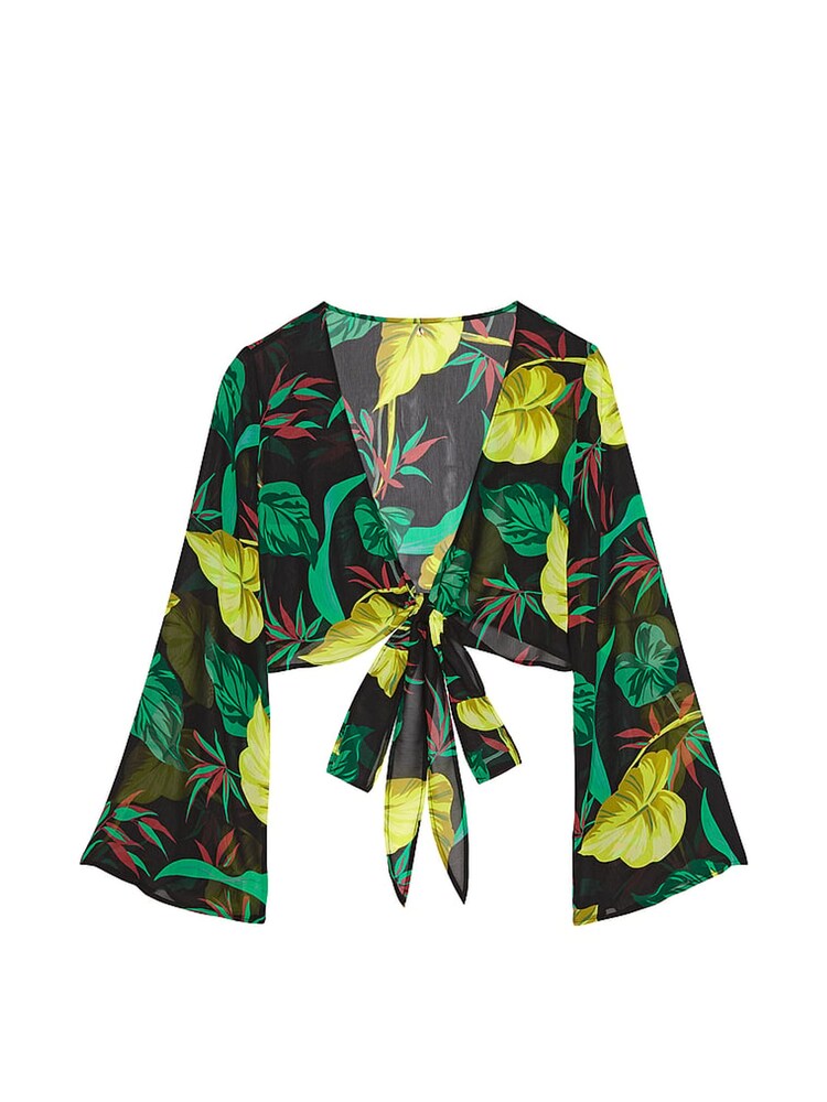 Victoria's Secret Vintage Leaves Black Sheer Crinkle Cover Up Wrap Top - Image 3 of 3 Victoria's Secret Vintage Leaves Black Sheer Crinkle Cover Up Wrap Top - Image 3 of 3