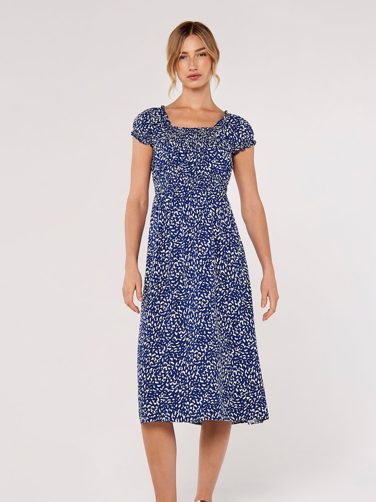 Apricot Blue Brush Dot Milkmaid Midi Dress - Image 1 of 4