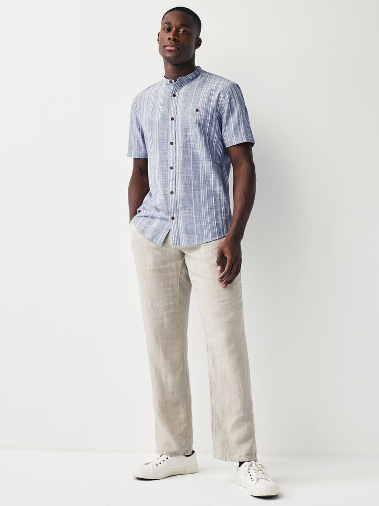 Blue Textured Stripe Short Sleeve 100% Cotton Shirt With Grandad Collar - Image 2 of 7 Blue Textured Stripe Short Sleeve 100% Cotton Shirt With Grandad Collar - Image 2 of 7