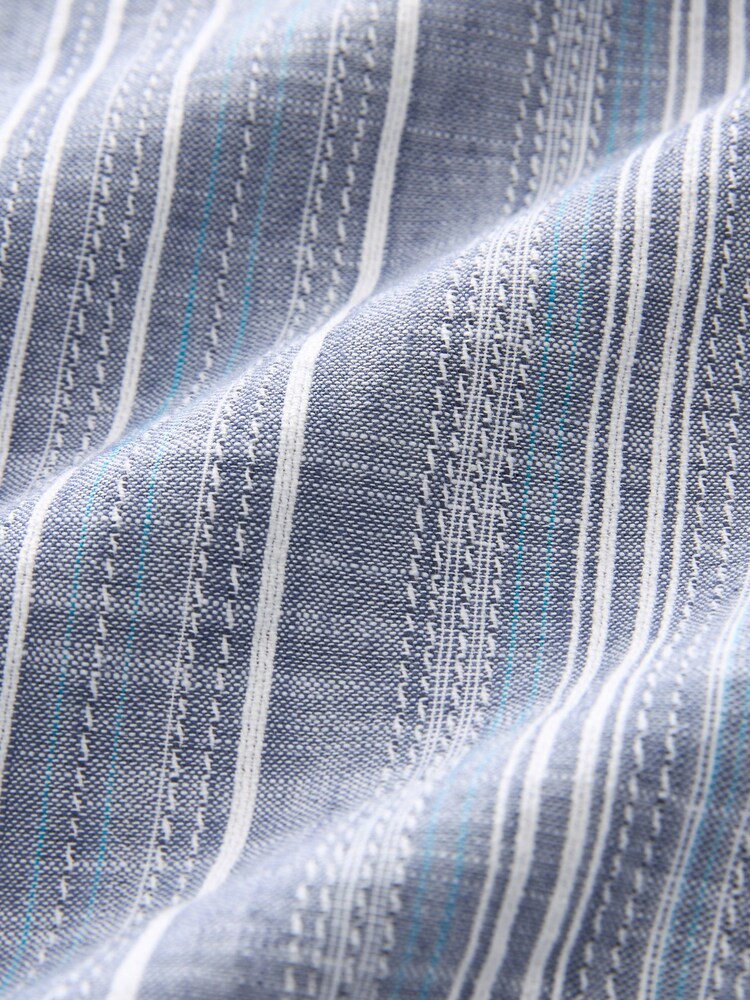 Blue Textured Stripe Short Sleeve 100% Cotton Shirt With Grandad Collar - Image 7 of 7 Blue Textured Stripe Short Sleeve 100% Cotton Shirt With Grandad Collar - Image 7 of 7