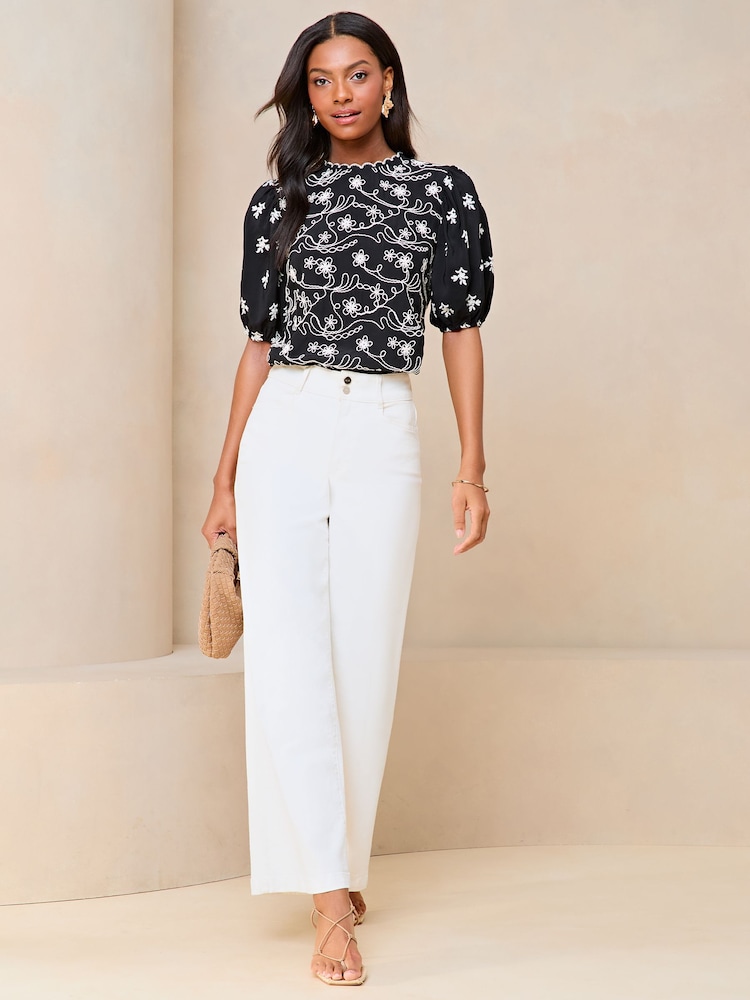 Lipsy Black Broderie Round Neck T Shirt - Image 1 of 4