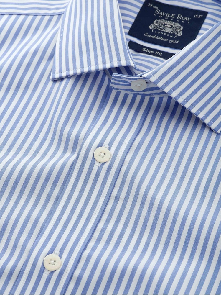 Savile Row Company Slim Fit Blue Stripe Single Cuff 100% Cotton Shirt - Image 5 of 5