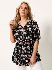 Yours Curve Black Pleated Front Swing Top - Image 1 of 5