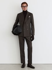 Reiss Chocolate Brown Combo Wool-Blend Flannel Classic-Fit Suit Trousers - Image 1 of 7