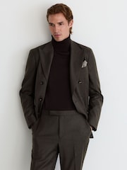 Reiss Chocolate Brown Combo Wool-Blend Flannel Classic-Fit Suit Trousers - Image 6 of 7