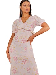 Chi Chi London Pink Short Sleeve Floral Printed Midi Summer Dress - Image 4 of 5