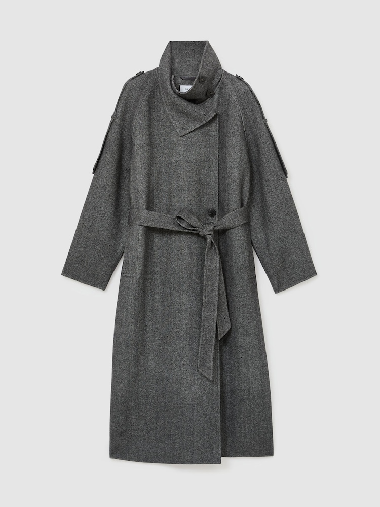 Reiss Dark Grey Martina Wool-Blend Herringbone Long Trench Coat - Image 2 of 8 Reiss Dark Grey Martina Wool-Blend Herringbone Long Trench Coat - Image 2 of 8