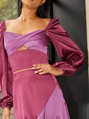 Chi Chi London Purple Long Sleeve Cut Out Twist Detail Satin Top - Image 4 of 4