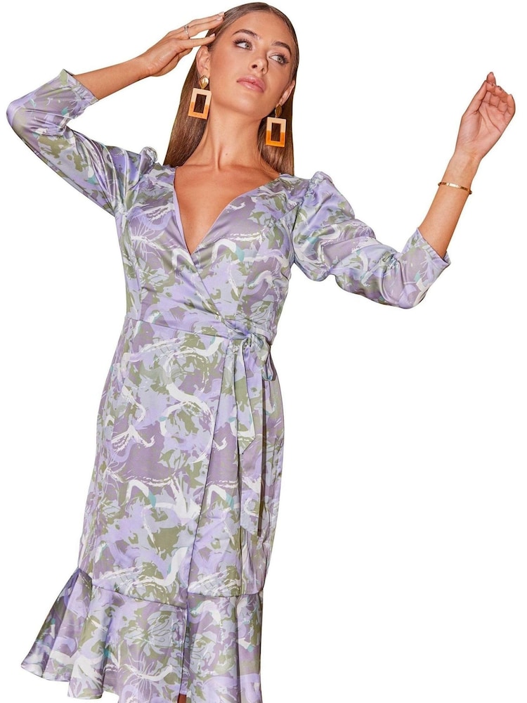 Chi Chi London Grey Puff Sleeve Marble Wrap Midi Dress - Image 1 of 5