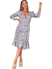 Chi Chi London Grey Puff Sleeve Marble Wrap Midi Dress - Image 3 of 5