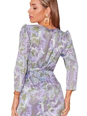 Chi Chi London Grey Puff Sleeve Marble Wrap Midi Dress - Image 4 of 5